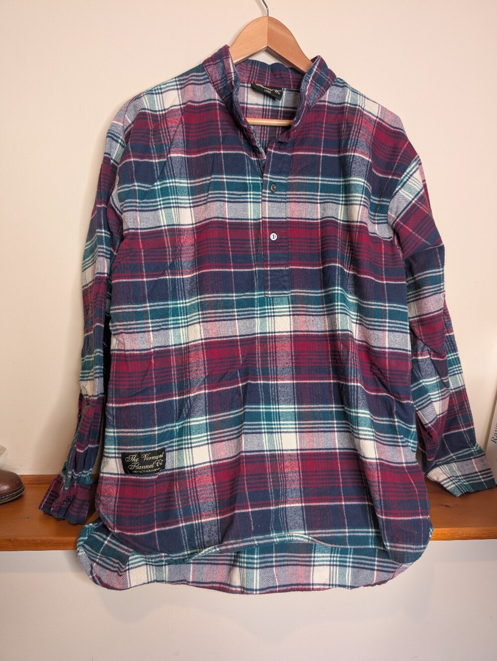 Vermont Flannel Co Plaid Henley Pullover Shirt Navy Red Teal Cotton Made USA L
